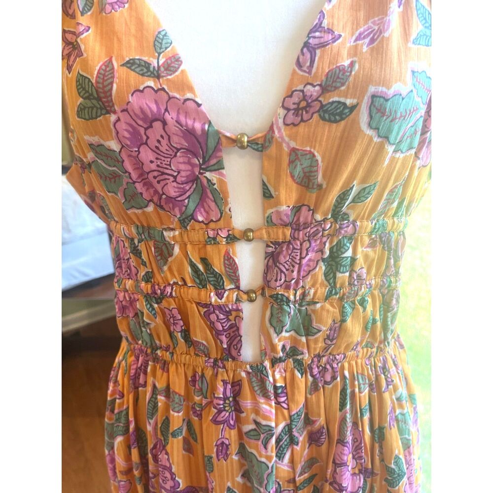 Boho Floral Smocked Cutout Maxi Dress V Neck Euro Summer Resort Quiet Luxury L - Picture 6 of 13
